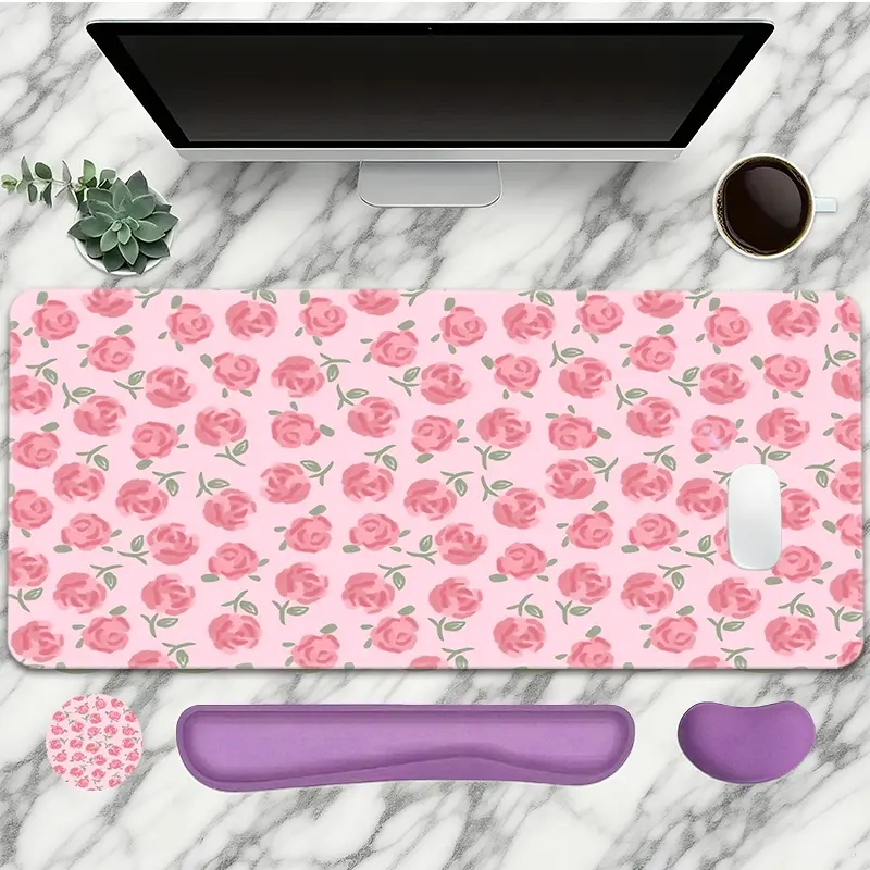 Floral Pattern Mouse Pad With Wrist Rest Set 4PC Pink Large Gaming Mouse Pads Rose Country Style Mouse Pad For Desk XXL Non-Slip Rubber Base Desk Pad Keyboard Mat For Office Home Desktop Protector Decor Mousepad Desk Mat Mousepads Aesthetic