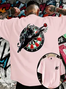 Men's Loose Fit Bullseye Dart Print T-Shirt, Vintage Dart Target Theme Casual Short Sleeve, Street Style Gift for Darts Enthusiasts