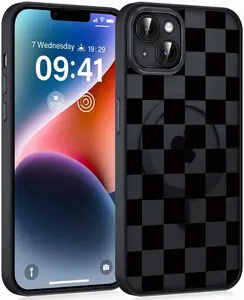 Magnetic Cute Checkered Phone Case for iPhone 15 6.1" Compatible with MagSafe, Black Checkerboard Pattern Design Translucent Women Girls Men Case Hard PC Shockproof Protective Cover Funda