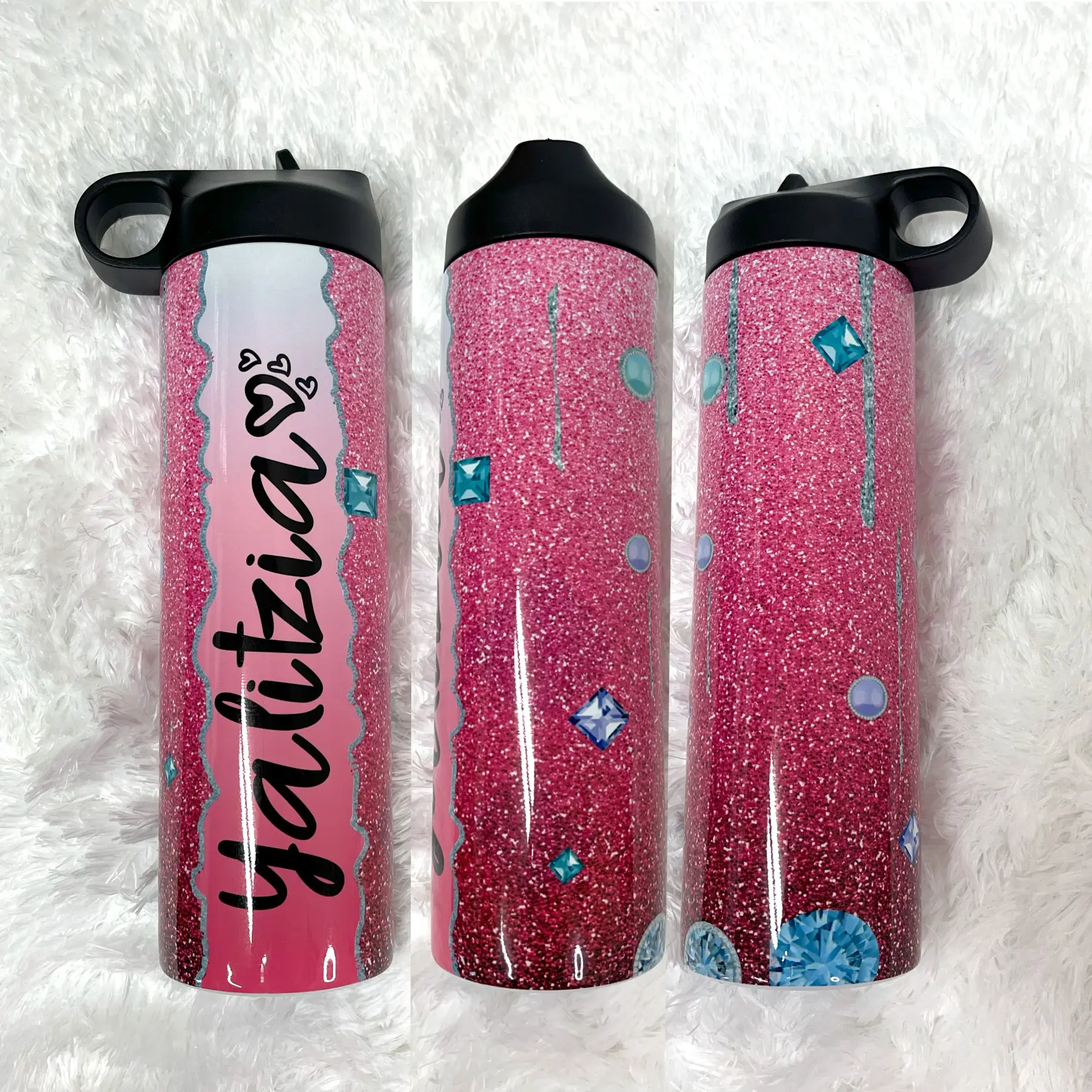 Gradient Hot Pink Glitter Gems 20oz Sports Bottle - Sublimated, Straw Lid Water Bottle - Leak-Proof, Double Wall Insulated Stainless Steel Drinkware - Back to School Bottle, Travel Cup, Personalized Gift, Birthday, Christmas Gift