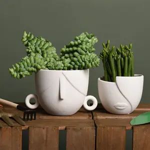 Quoowiit Ceramic Succulent Planter Pots for Indoor Plants with Drainage Holes, Herb Garden Head Planters Set of 2,White 5.4"W