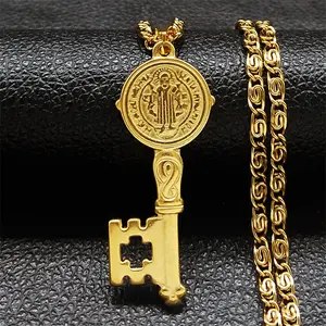 St. Benedict Key of Life Pendant Necklace for Women and Men Stainless Steel Hip Hop St. Benedict Medal