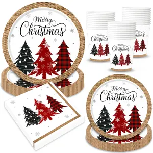 Christmas Paper Plates and Napkins(Serves 25), Christmas Plates Disposable, Christmas Tree Plates and Napkins set Included Dinner Plates, Dessert Plates, Napkins and Cups,Christmas Party Supplies
