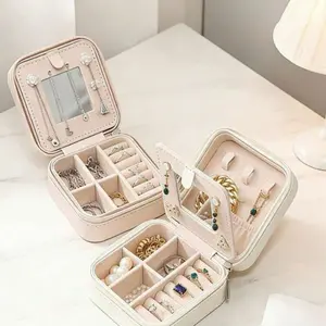 Jewelry Box Small Case Portable Travel Organizer with Compartments for Rings Earrings and Necklaces Pink Leather Design