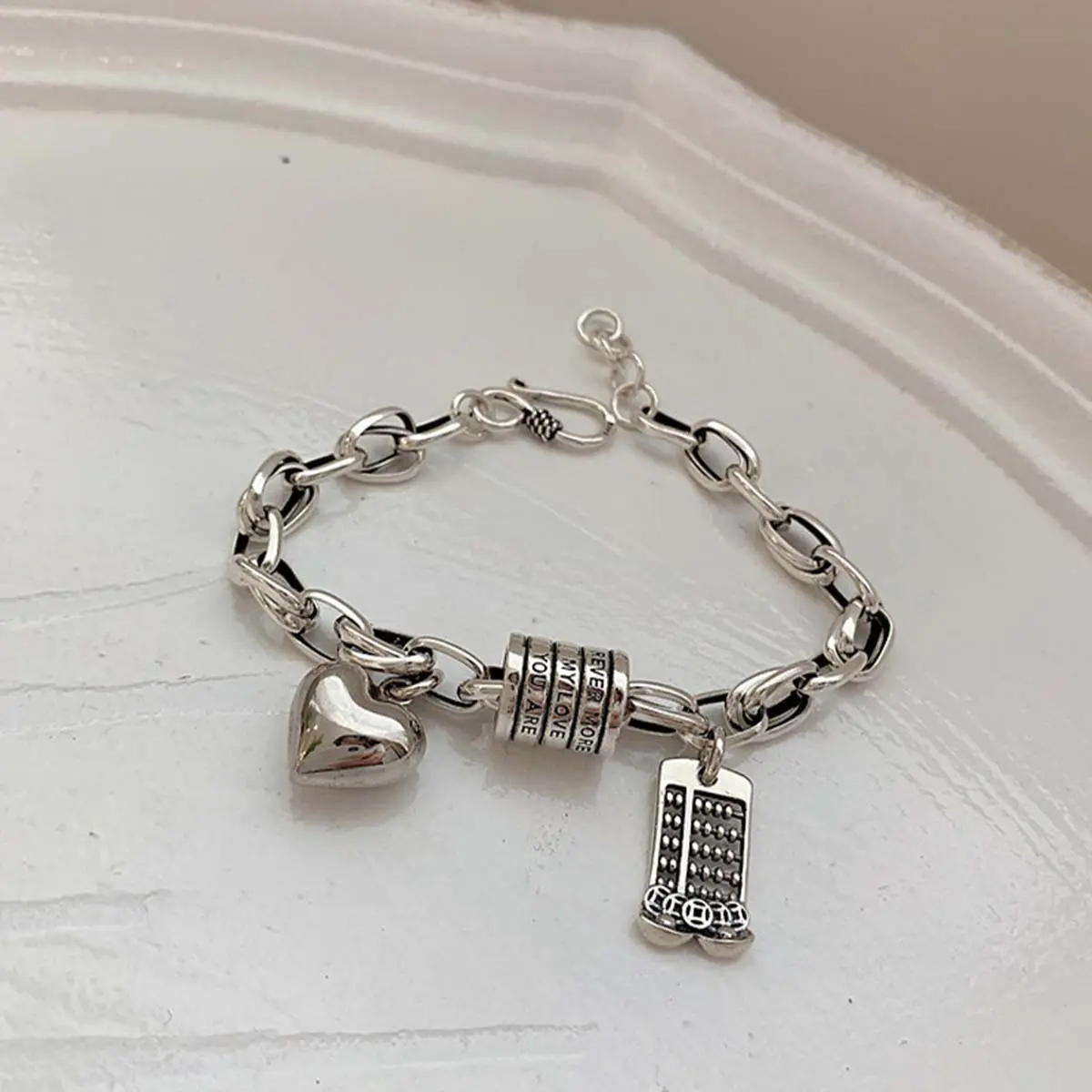 Women's Length-Adjustable, Silver, Distressed, Cylindrical Abacus Bracelet with Artificial Gemstones, Daily Wear Hand Jewelry Accessory
