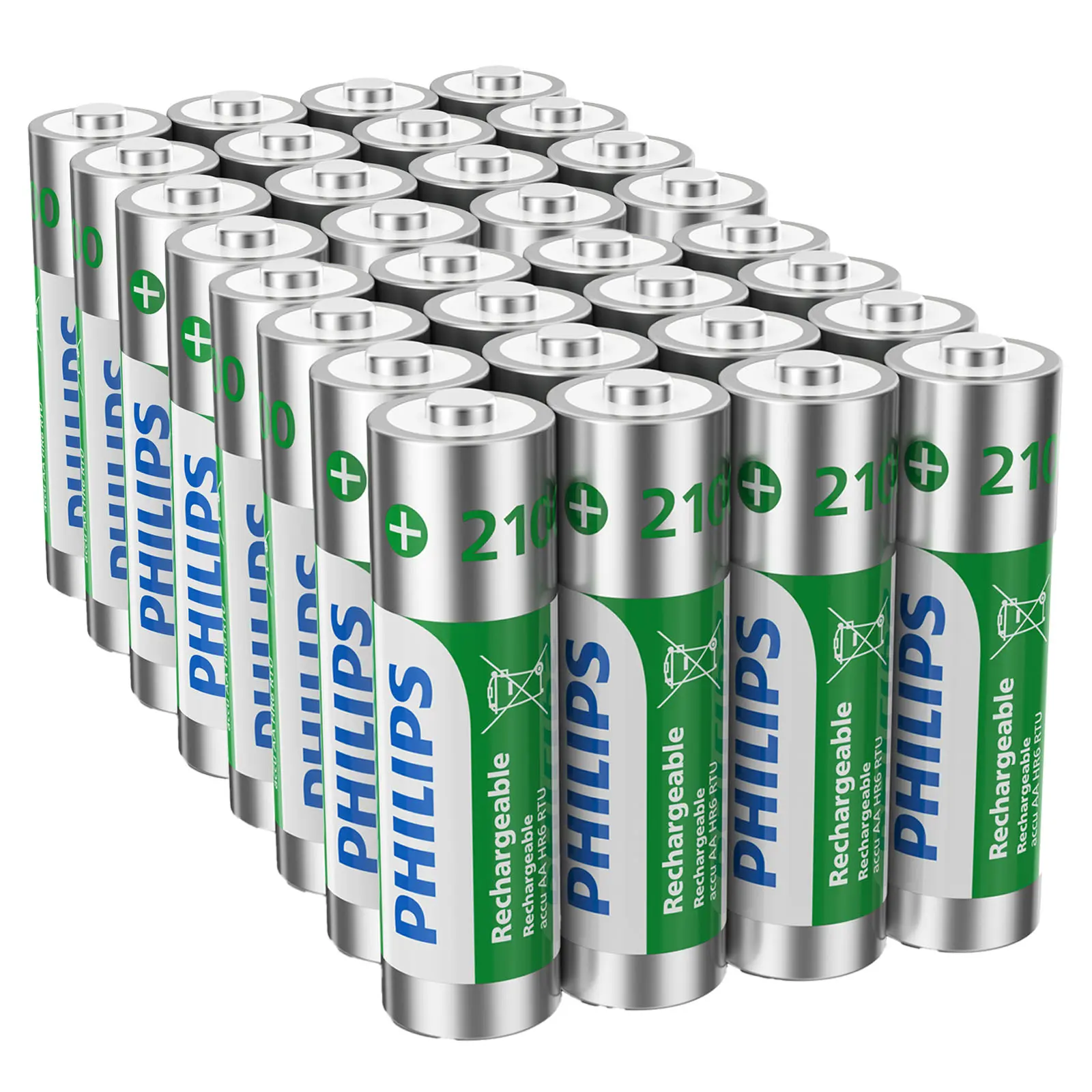 Philips Rechargeable AA Batteries 2100mAh NiMH Double A Battery 1.2V Long Lasting 2A Batteries Recharge up to 500x