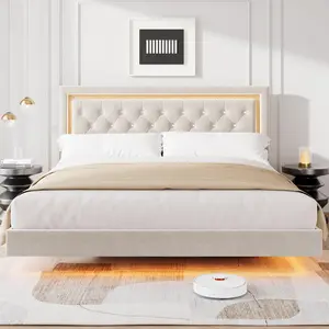 White Floating Bed Frame King Size with Smart Led Lights, Upholstered Platform Bed with Diamond Headboard, Solid Wood Slats Support, No Box Spring Needed, Noise-Free, Easy Assembly,
