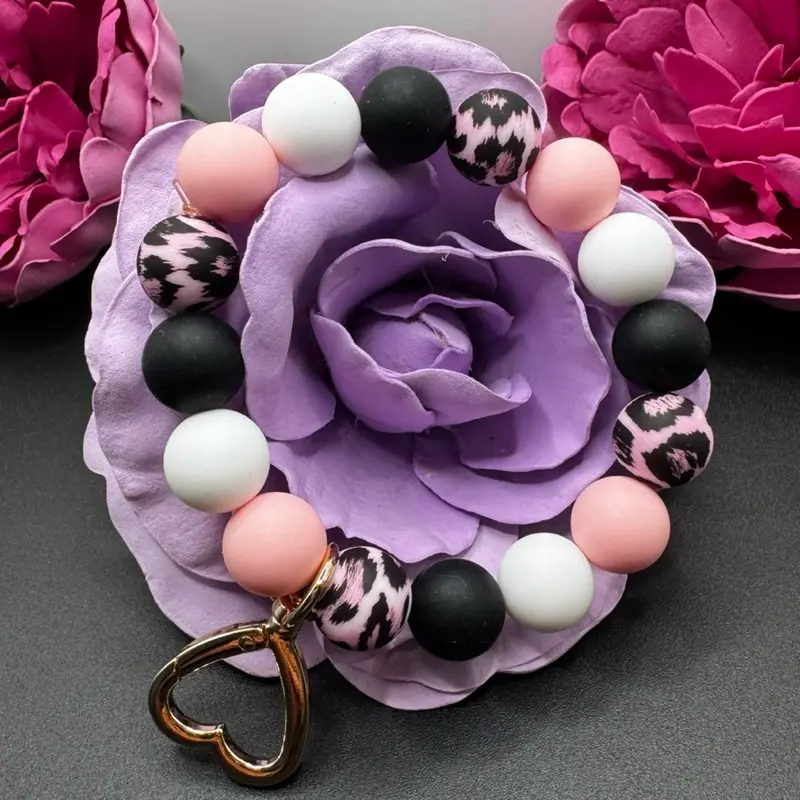 Pink Keychain Silicone Bracelet Wristlet Key Chain Gym Bag Girly New Fashion with Leopard Print Beads & Heart Shaped Carabiner