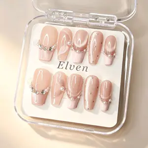Handmade Nude Pink Cat Eye Press On Nails - French Tip with Pearl & Rhinestone Chain, Medium Long Coffin Reusable Fake Nails, Salon Quality