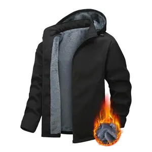 Casual Fleece-Lined Men's Hooded Windproof Waterproof Thermal Lined Warm Sports Stitching Side Zipper Jacket Coat for Extreme Cold Protection Menswear Outdoor Tops Black fleece jacket heated jacket winter outfit