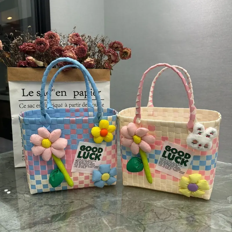 Women's Hand-Woven Look Plastic Basket Bag - Durable Beach Tote & Fruit Basket with Woven Design, Hand Washable / Handheld Picnic Basket Bag for Vegetables, Fruits, Everyday Use - Multi-Purpose Gift Basket Tote for women