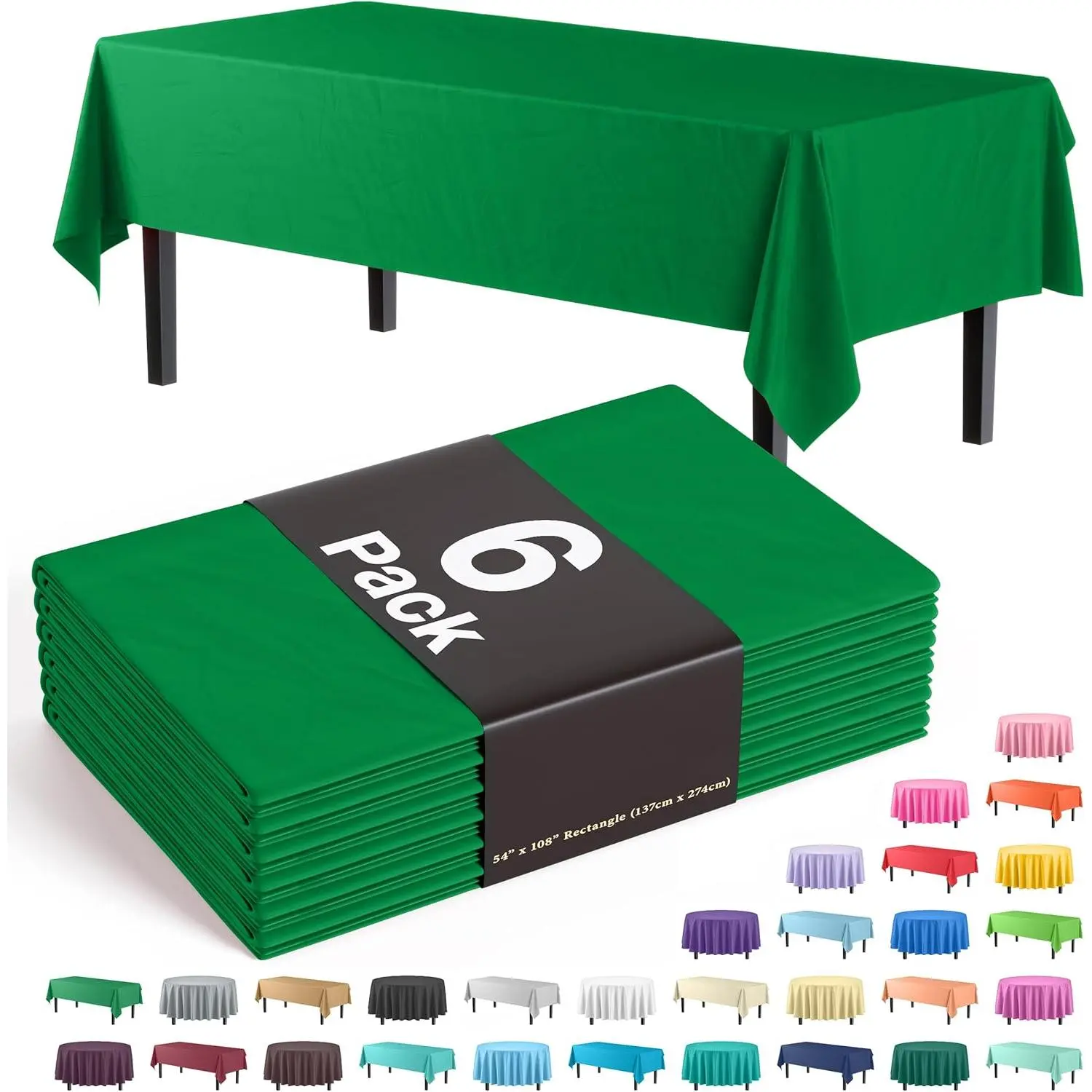 Party Solids 6-Pack Premium Plastic Tablecloth 54in. x 108in. Rectangle Plastic Table Cover - Emerald Green Disposable