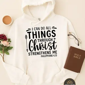 Unisex Hoodie “I Can Do All Things Through Christ” ️ | Philippians 4:13 | White Gildan Sweatshirt | Christian Faith Apparel,Sweatshirt for Women & Men Casual Everyday Wear