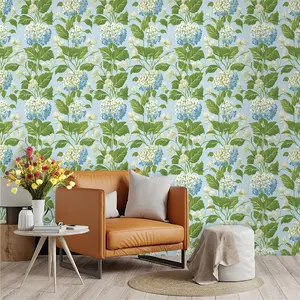 Fresh Hydrangea Theme Wallpaper, Gradient Flowers, Buds, Leaves, Light Sky Blue Background, PVC, Peel-And-Stick, Living Room Decor