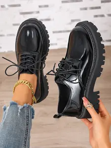 Women's Spring Summer New Casual Chunky Heel Mary Jane Loafers, British Style Lace-Up Small Leather Shoes, All-Season Convenient Shoes, Pu Shoe Face, Classic