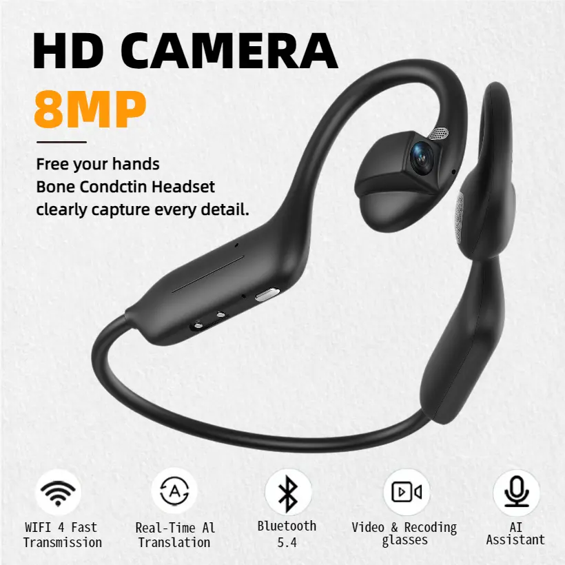 Limited-Time Summer Deal | AI-Powered E12 Open-Ear Bone Conduction Bluetooth Headphones, 8MP EIS Camera, Supports HD Video