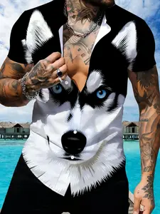Husky Print Short Sleeve Shirt, Unisex Summer Casual Top, Large Pattern Pet Theme Apparel