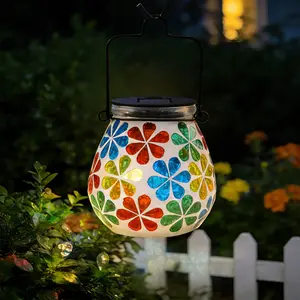 Mosaic Solar Lanterns - Glass Hanging Lights Hollow Out Waterproof Outdoor Decorative for Garden, Patio, Holiday Party Outdoor Decoration, 1 Pack