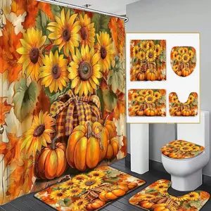 Thanksgiving Harvest Pumpkin & Sunflower Bath Curtain Set, Includes Hooks, Bathroom Decor, Ideal Gift for Family & Friends