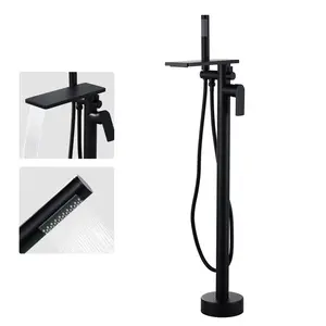 WOWOW Modern Single-Handle Solid Brass Floor-Mount Claw Ft Freestanding Bathtub Faucet, Vintage Smooth Retractable Handheld Shower with Hose, Matte Black, Easy Installation