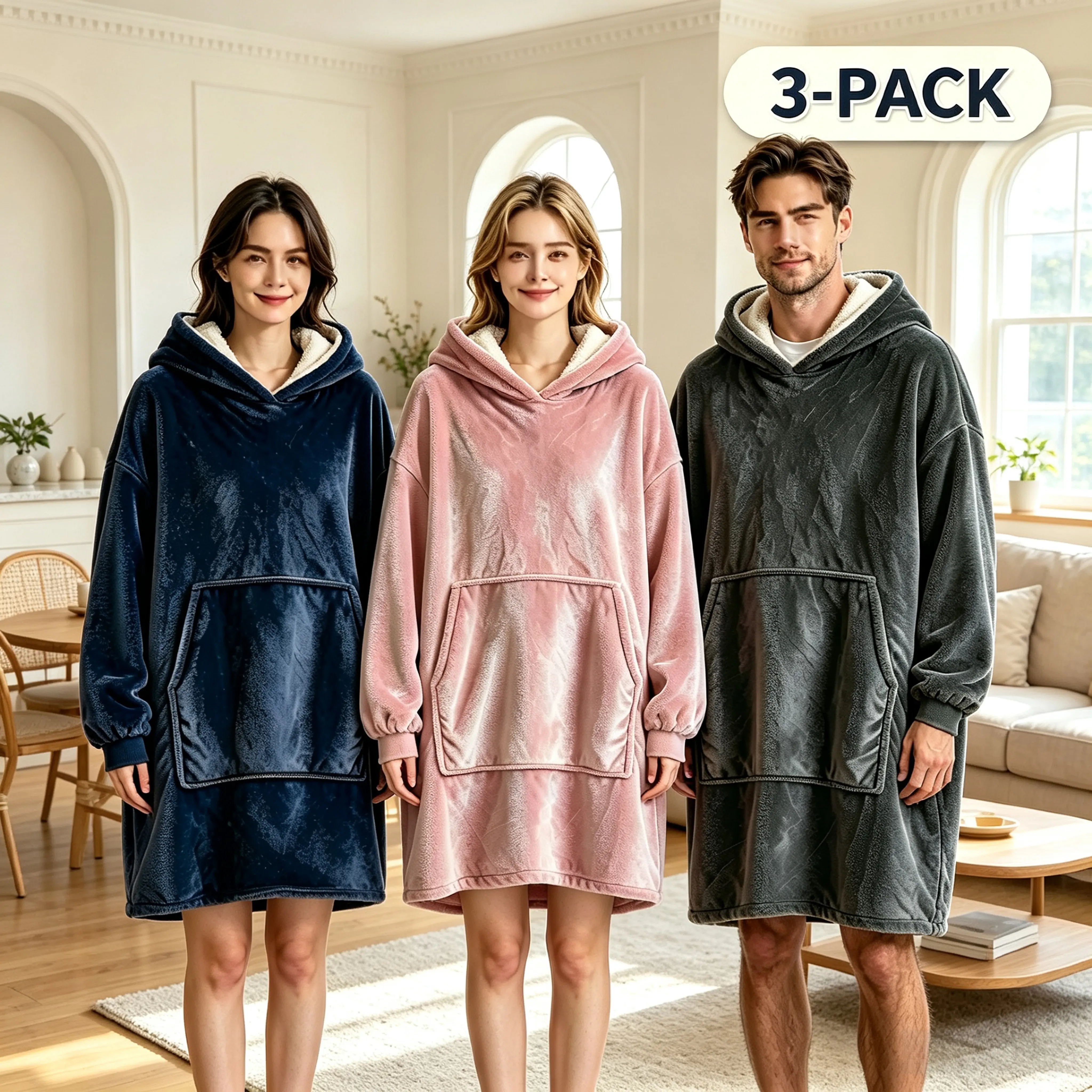 Women's Casual Comfortable Robe - Wearable Oversized Warm Hooded Blanket Hoodie (Hat+Blanket Set) with Big Pocket, Unisex One Size Fits All, 1/2/3-Color Family Multi-Pack Options
