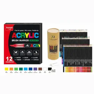 Acrylic Brush Marker Pen & Colored Pencil Set Bundle, Multicolor 72pcs Colored Pencils with Soft Core and 12/60/120pcs Acrylic Painting Pens, Art Supplies for Drawing and Coloring
