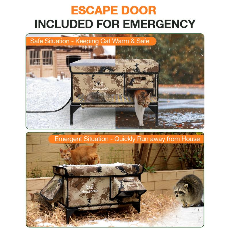 Clawsable Indestructible Heated Cat House for Outside Cats Winter, 100% Weatherproof, Safe Escape Door, Insulated Outdoor Cat Shelter with Heater for Feral Barn Cat Kitty