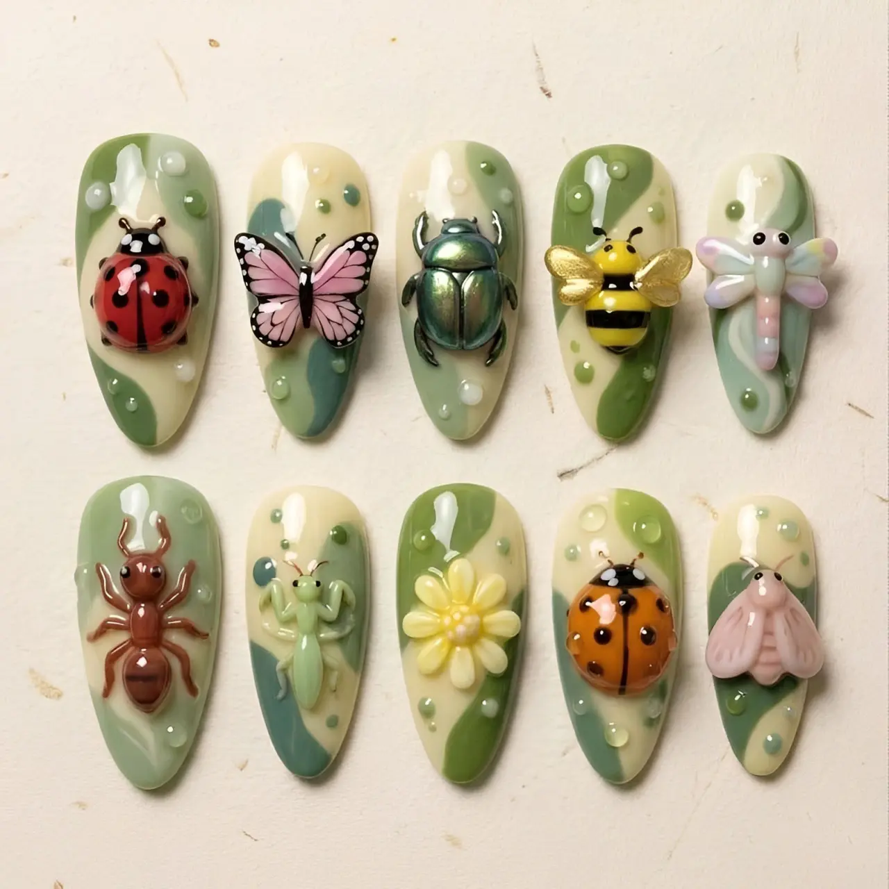 3D Garden Bug Press On Nails | Ladybug Butterfly Bee Beetle Dragonfly Insect Nail Art | Green Floral Almond Nails | Cottagecore Handmade Nail Set