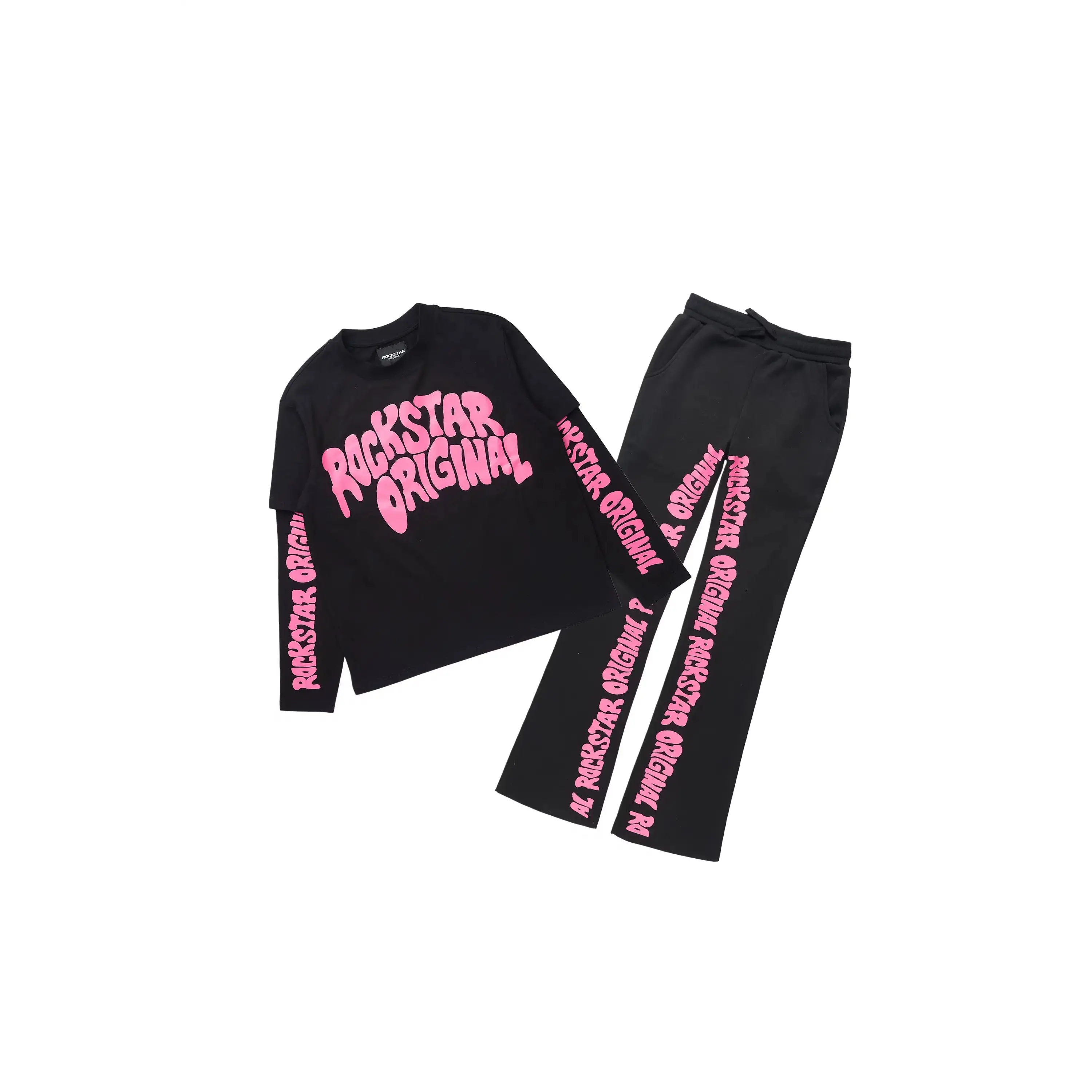 Girls Monique Black Double Layer T-Shirt Stacked Flare Track Pant Set Girls Monique Black Double Layer T-Shirt Stacked Flare Track Pant Set