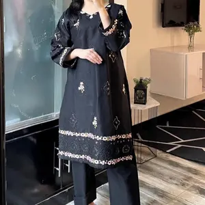 Black 2pcs Embroidery Salwar and Kameez Set for Women - Traditional Pakistani Clothing