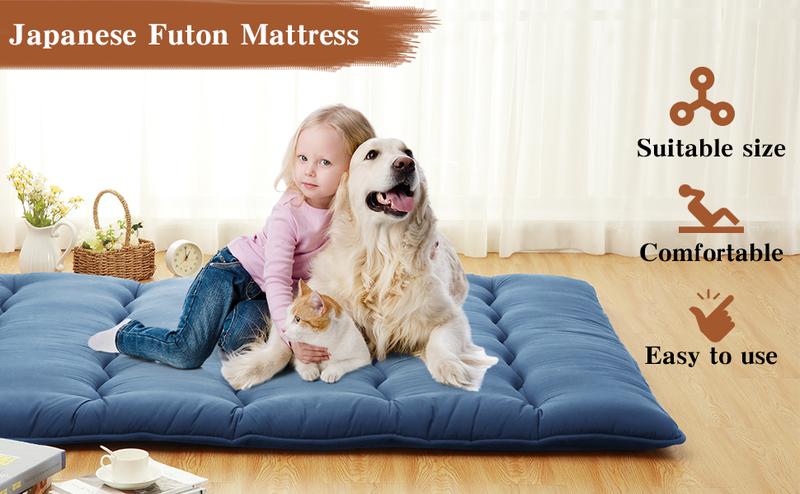 【GARVEE】Full Size Japanese Futon Mattress - Foldable Floor Sleeping Pad, Tatami Mat, Navy Wave Design, Comfortable and Stylish Adult Floor Mattress