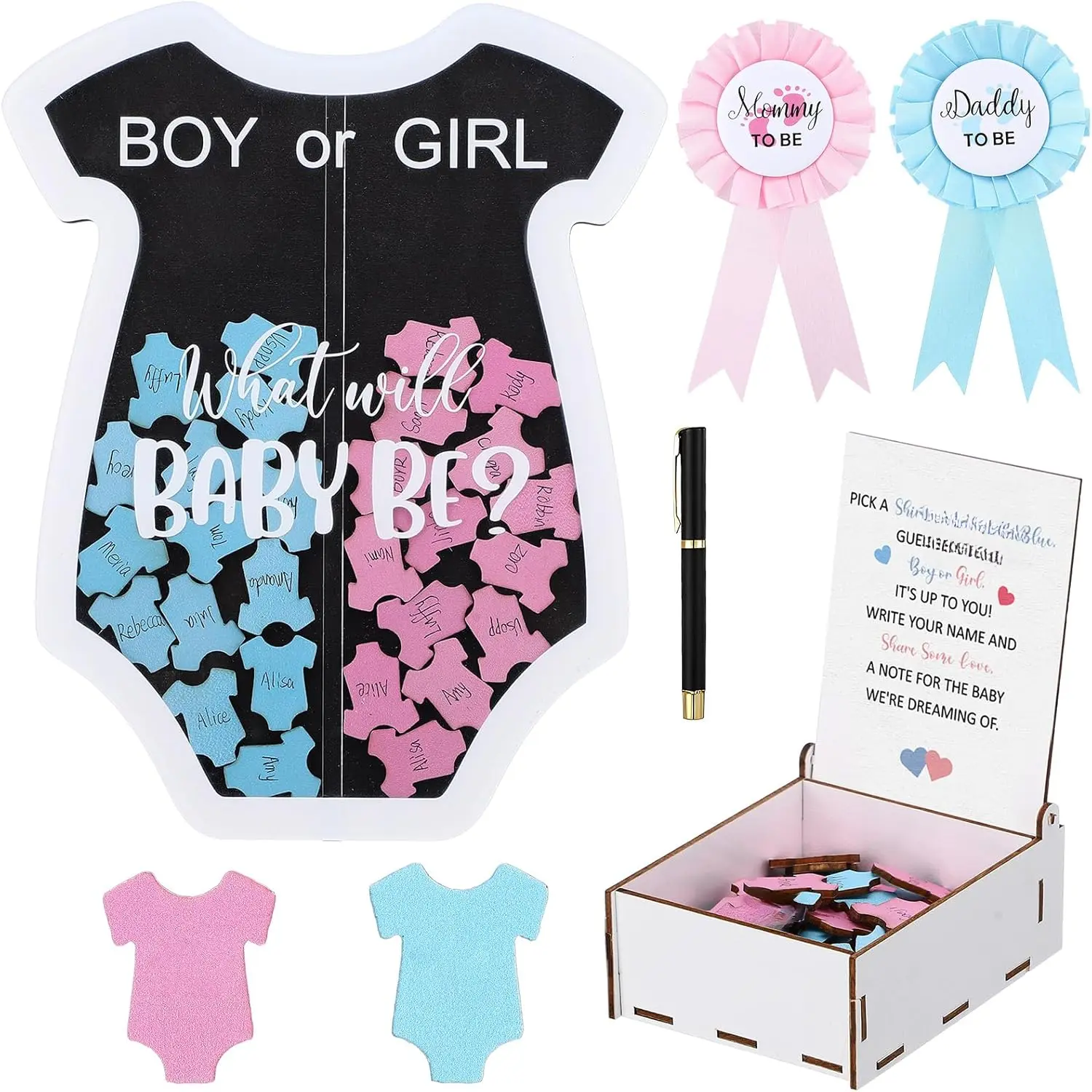 Bodysuit Gender Reveal Boy or Girl Voting Board Games & Guest Book Alternative Blue Pink Baby Shower Party Supplies