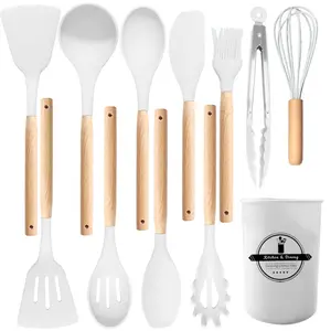 Wooden handle silicone kitchenware 12-piece set with round storage bucket, Kitchen Utensils Gadgets including non-stick spatula, spoon, whisk and blender, etc., perfect for Christmas, Halloween, Easter gifting.