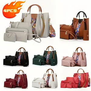 4pcs Office Briefcases |   Faux Leather Laptop Tote Bag, Shoulder Bag, Handbag, Purse, Large Capacity Ethnic Ribbon Handbag, Crossbody Bag in Red, Yellow, Grey, Green, Rose Red, Pink, |   Trendy and Simple for Birthday, Christmas