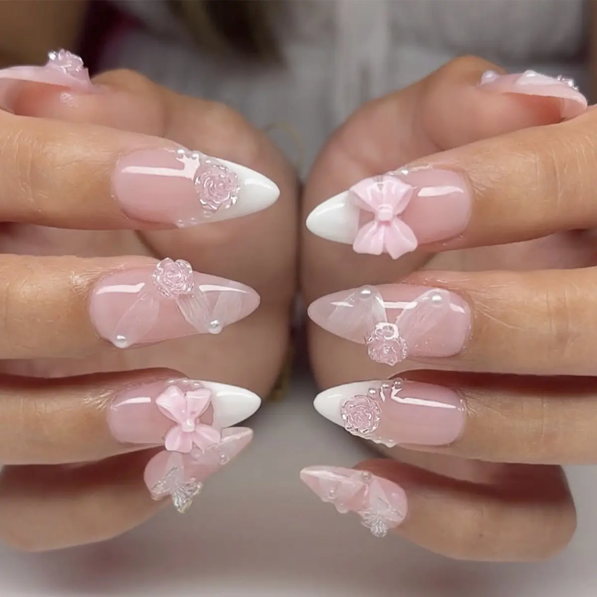 24pcs New Almond Nail Art Set, French Diamond Pearl Rose Gradient Aurora Color Butterfly Design, Perfect for Women Girls Weddings School Dating Festivals Dates Parties Gifts Fashion Lovers Press-On False Nails