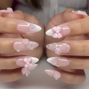 24pcs New Almond Nail Art Set, French Diamond Pearl Rose Gradient Aurora Color Butterfly Design, Perfect for Women Girls Weddings School Dating Festivals Dates Parties Gifts Fashion Lovers Press-On False Nails