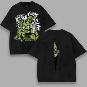 Five Nights at Freddy's 3 Springtrap William Afton Vintage Washed Oversized T-Shirt – "I Always Come Back" Quote & Ripped Peeking Effect Graphic Tee Acid Black