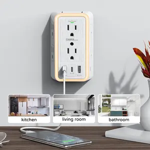 USB Wall Charger Surge Protector, US Standard Wall Plug Extender with USB-C & 3 USB Ports, 3-Speed Light-Sensing Night Light, 3-Sided Multi Plug Wall Outlet for Home & Office