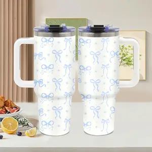 Blue Bow Pattern, 40oz tumbler with handle, Summer Ice Stainless Steel Vacuum Insulated Travel Mug, Pastel Ribbon design, Bow Lover Gift, for office and travel, Birthday Gift, Water Bottle, Tumbler Gift for Women and Men