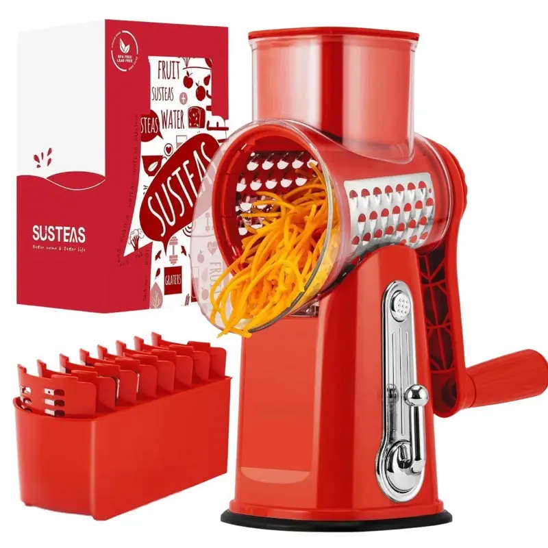 SUSTEAS Rotary Cheese Grater with Handle, 5 Well-Designed Blades, Strong Suction Cup Base, Kitchen Utensils Vegetable Slicer Dicer Fruit Vegetable Slicer Gadgets Kitchen