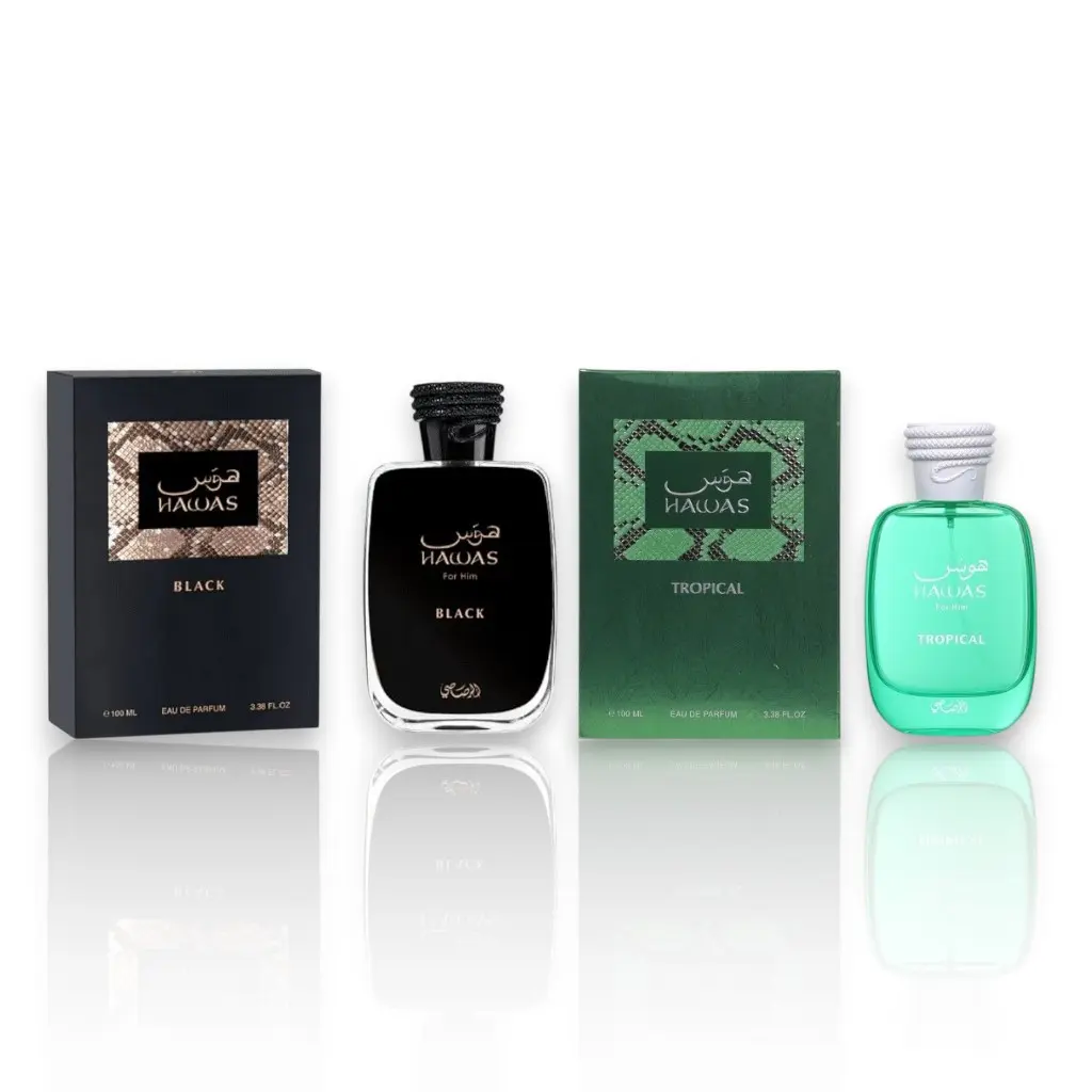 Oudlash Bundle | Rasasi Hawas Black & Hawas Tropical Men's Eau De Parfum Set, 100 ML-3.4 oz Male Fragrance with Long Lasting, Elegant, Luxurious Scents, Woody-Citrus & Aromatic Amberwood Notes