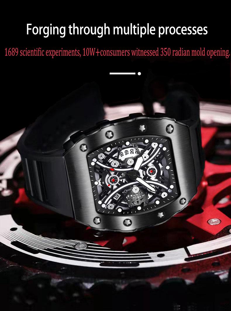Men's Red Carbon Fiber Skeleton Tonneau Watch, Black Silicone Band, Sporty Quartz Wristwatch