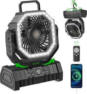 Camping Fan - 20000mAh Battery Powered Fan Rechargeable with LED Lantern - Portable Outdoor Tent Fans with Hanging Hook 4 Speeds Wind Remote Control, Black and Orange