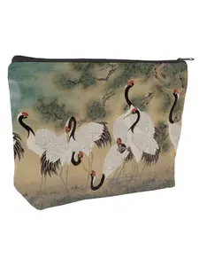 Elegant Japanese Crane Makeup Bag, Traditional Asian-Inspired Cosmetic Pouch, Zen Style Zippered Organizer, Beauty Essentials & Travel Accessories