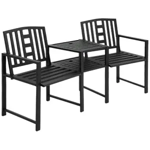 Outsunny Metal Garden Bench with Middle Table and Umbrella Hole, 2-in-1 Double Patio Chairs, Outdoor 2-person Tete-a-Tete, Slatted, Black