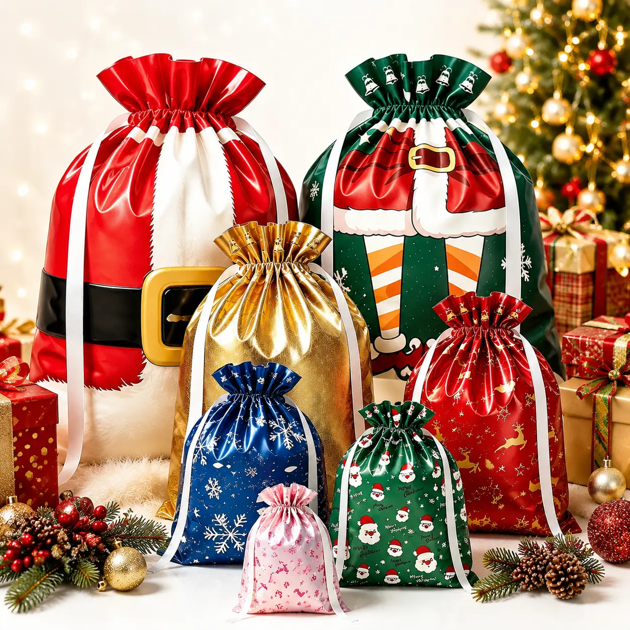 Christmas Holiday Wrapping Drawstring Pouches, Multi‑Size Range from Small up to Extra‑Large, Festive Printed Plastic Goodie Bags for Xmas Presents, Party Favors and Holiday Gift Giving, Bulk Packs