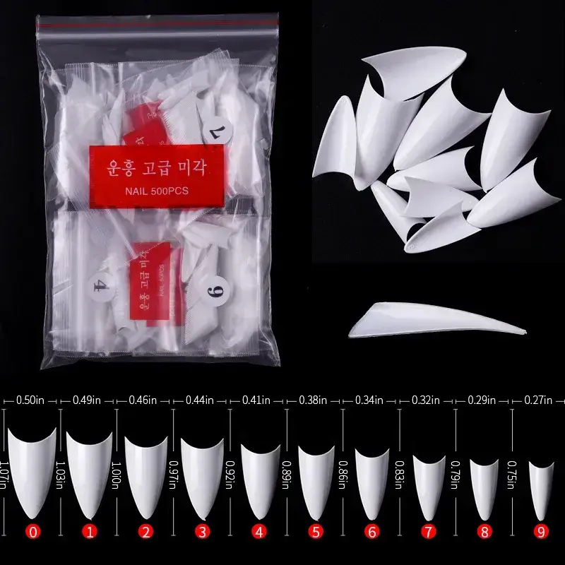 500pcs/bag French Pointed Curved Acrylic False Nails Nature Transparent Mixed Size Extension Full Cover Press On Nail Tips