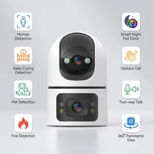 Home security camera featuring ultra-clear night vision, app control, 355° pan/tilt rotation, motion detection, two-way audio, sound and light alarm notifications, and 2.4GHz Wi-Fi connectivity; suitable for monitoring the elderly, children, or garages.