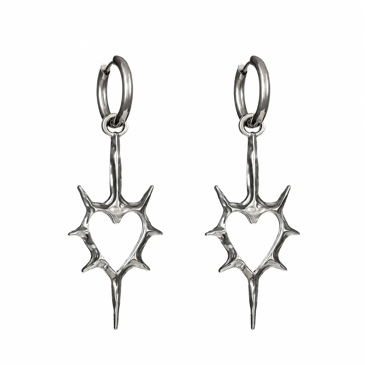 1 Pair Punk Gothic Heart Drop Hoop Earrings for Women, Silver-Tone Spiky Hollow Heart Dangle Earrings, 2-Way Wear, Non-Tarnish Trendy Statement Jewelry, Birthday Party Gift, Accessories for Women
