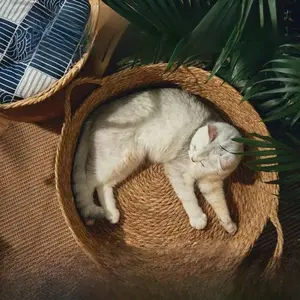 SoPets Handwoven Cat Cave Bed Cooling Rattan Pet House with Scratching Board Washable Cozy Sleeping Nest for All Seasons Cats Dogs